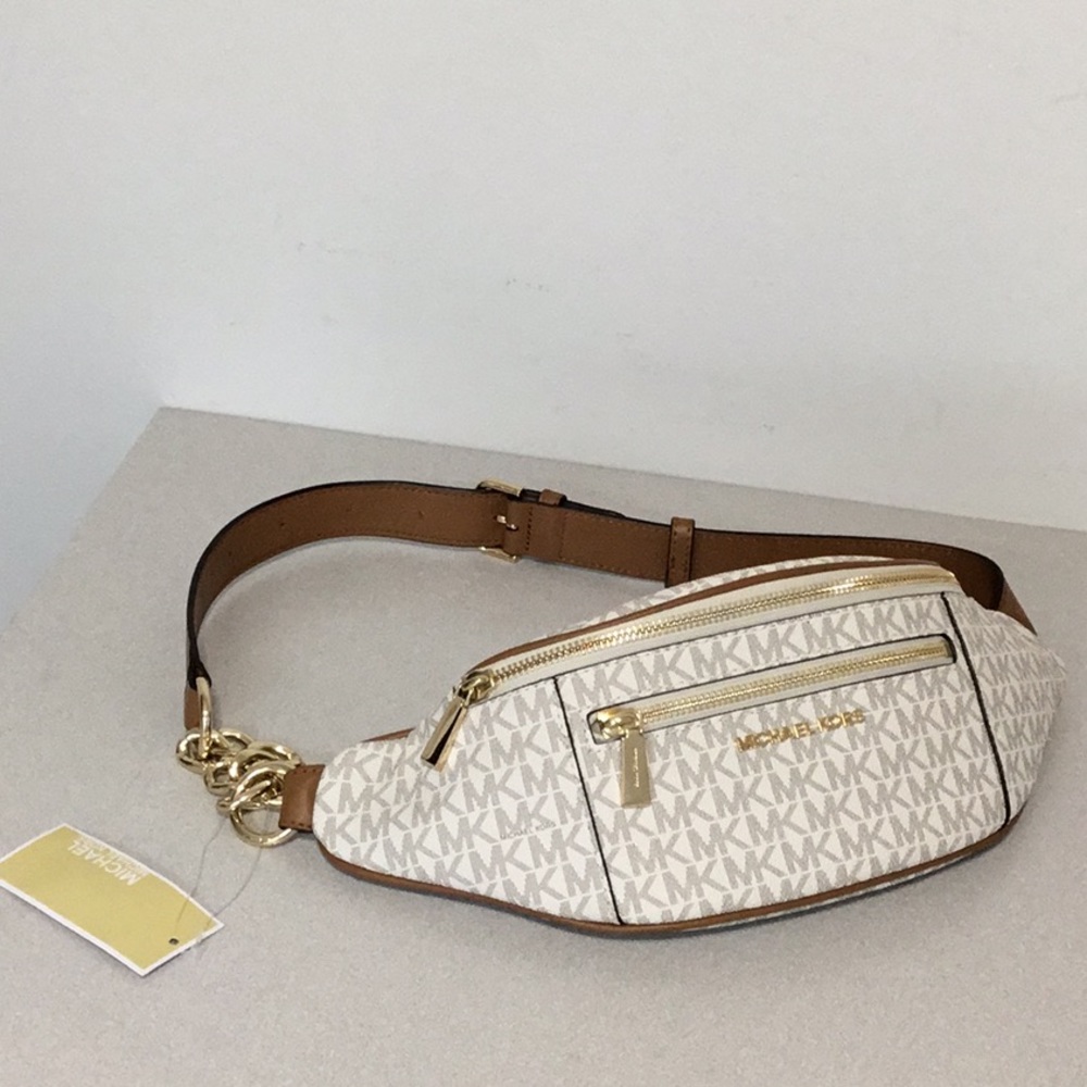 Michael Kors White and Tan Logo Belt Bag
